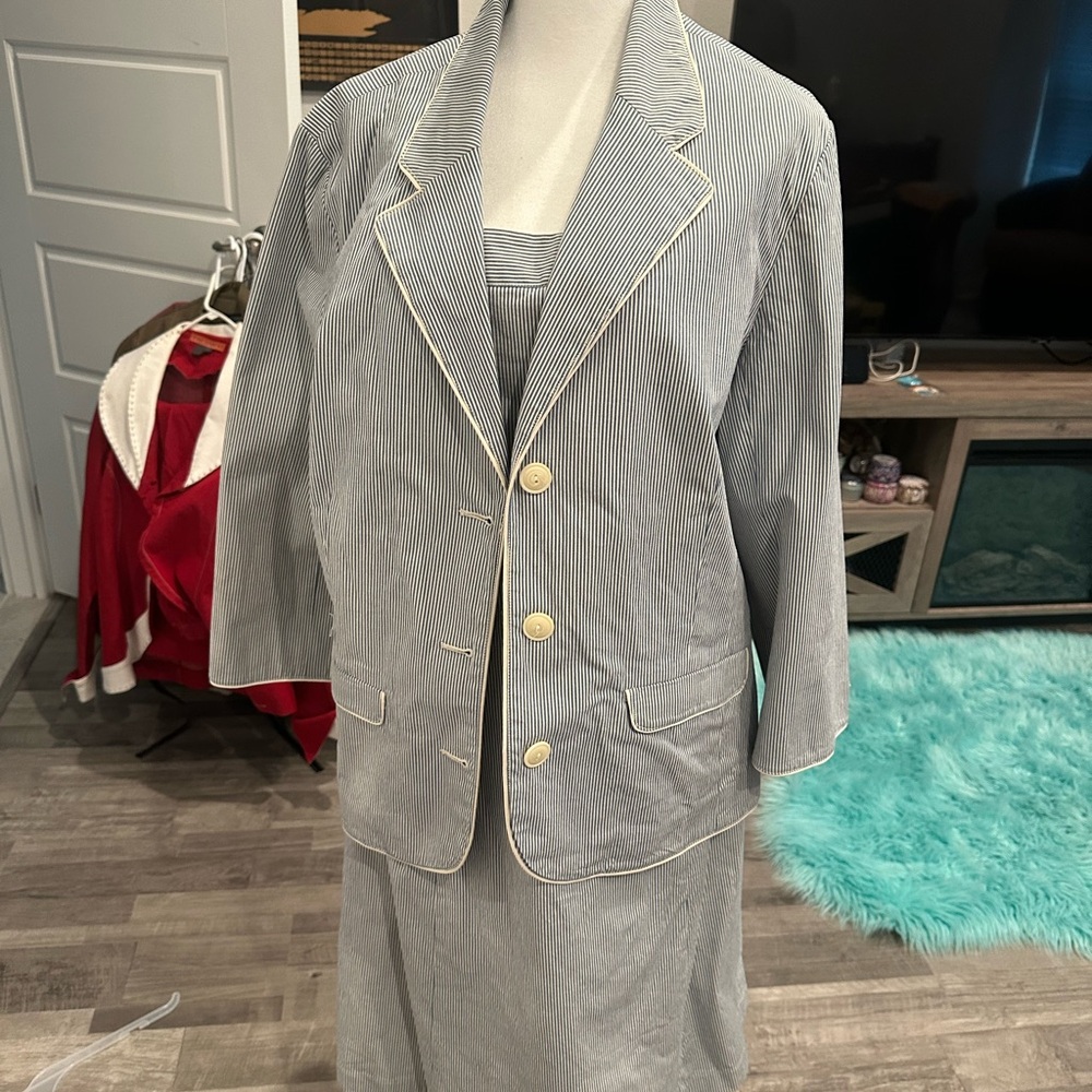 2 piece pin stripped strapless halter dress with matching 3/4 sleeve jacket